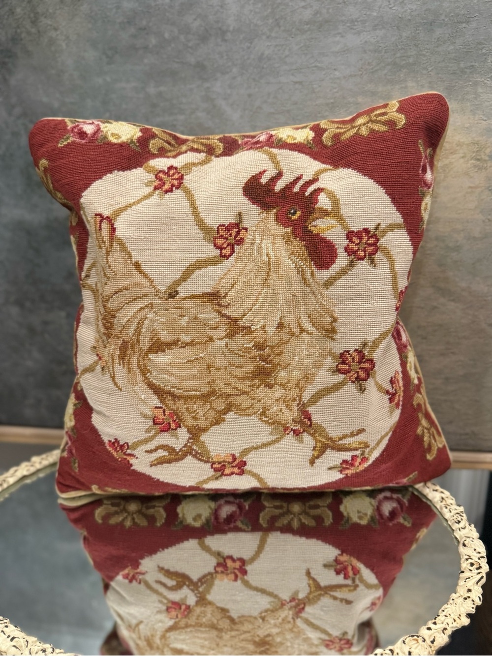 Classic French Country Theme Rooster Design Embroidery Pillow 15”